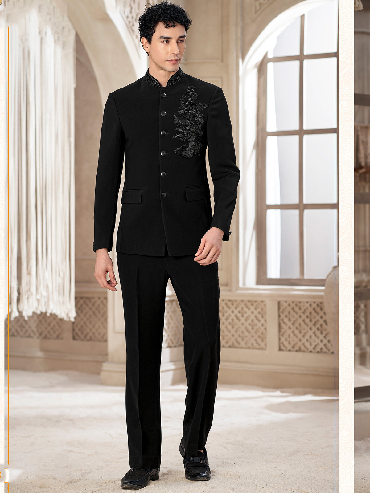 Black Contemporary Wedding Indowestern Suit