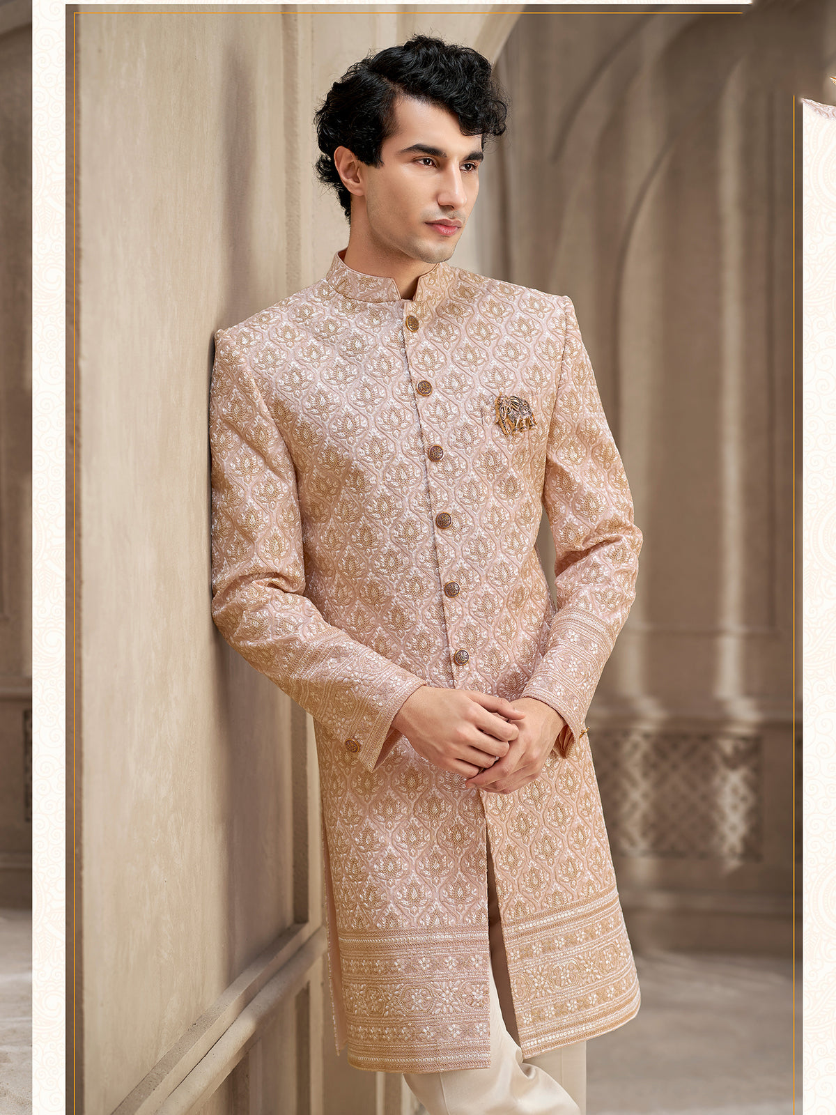 Peach Gold Embroidered Indo Western Sherwani