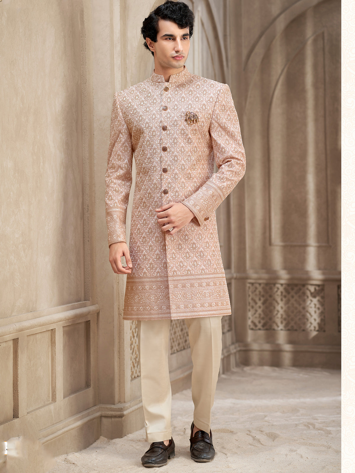 Peach Gold Embroidered Indo Western Sherwani