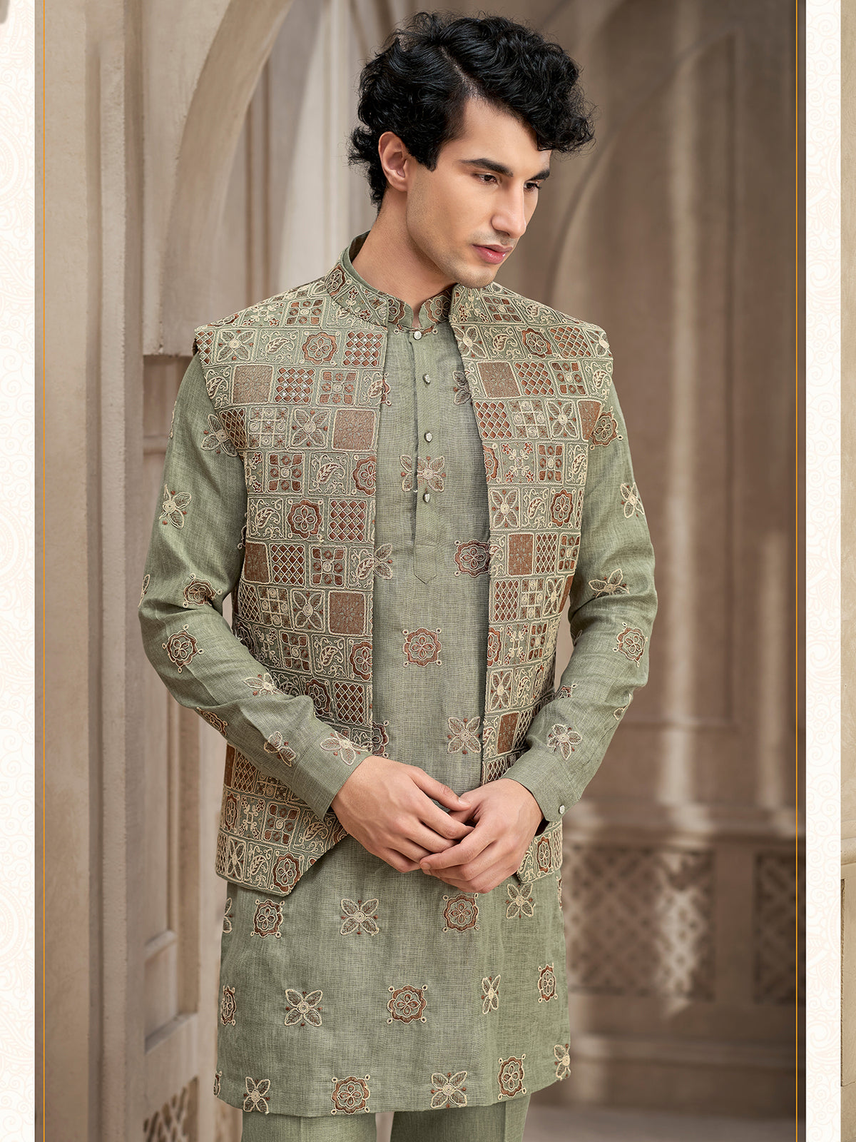 Sage Green Embroidered Indo Western Set