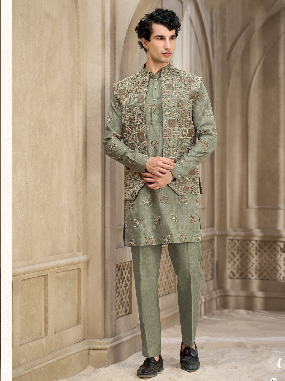 Sage Green Embroidered Indo Western Set