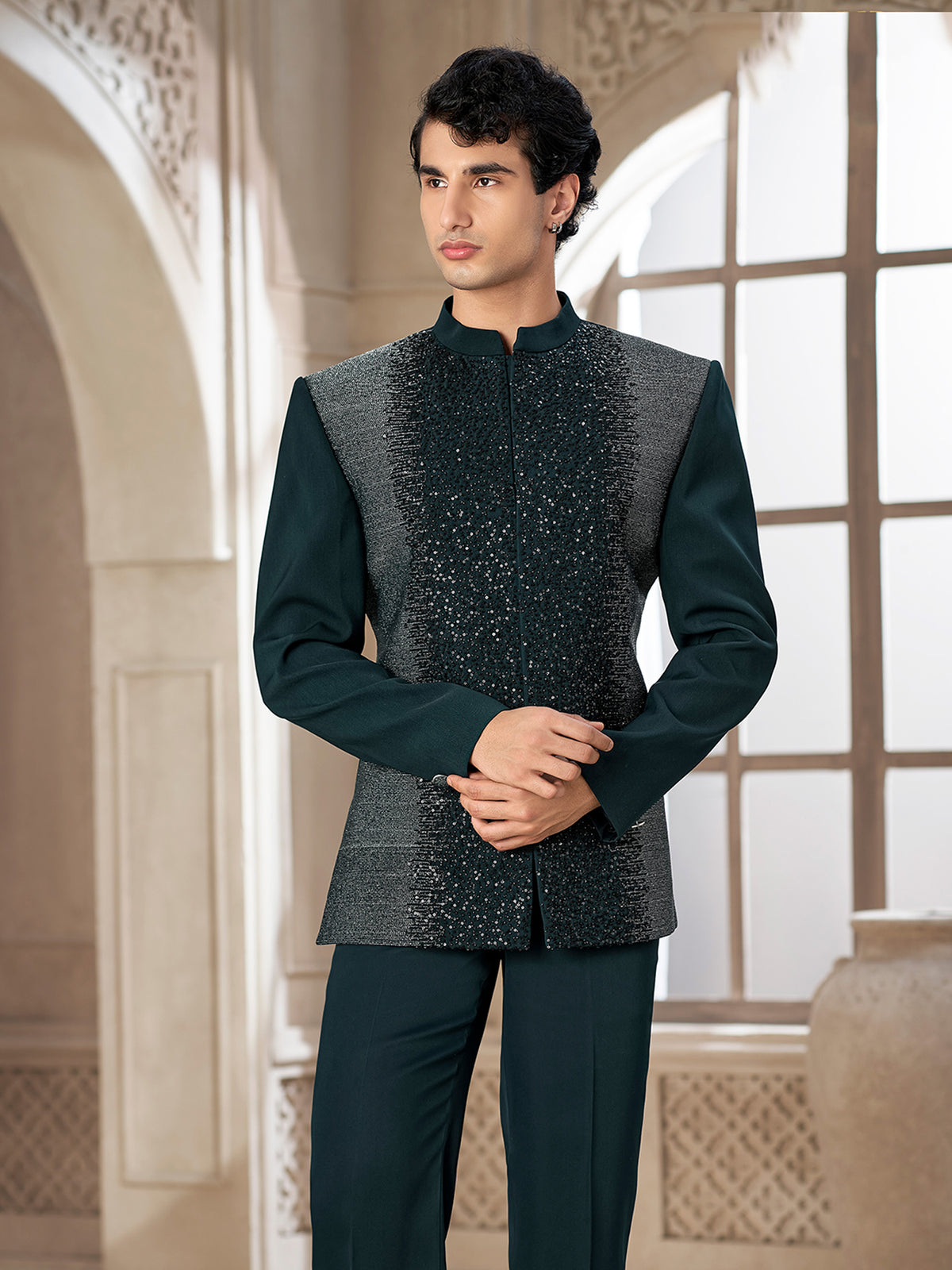 Teal Green Embroidered Indo Western Set