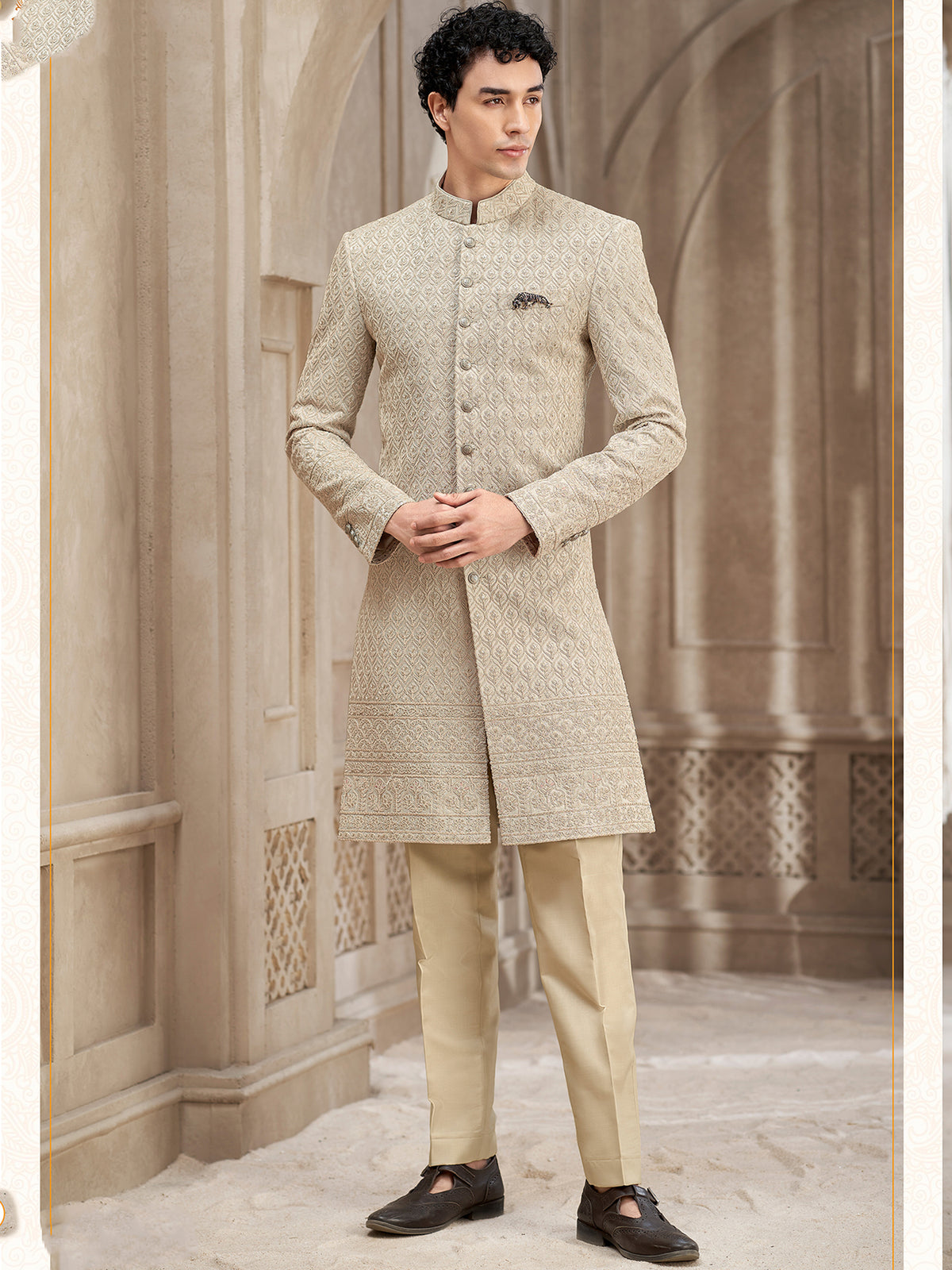 Beige Embroidered Indo Western Sherwani Heritage
