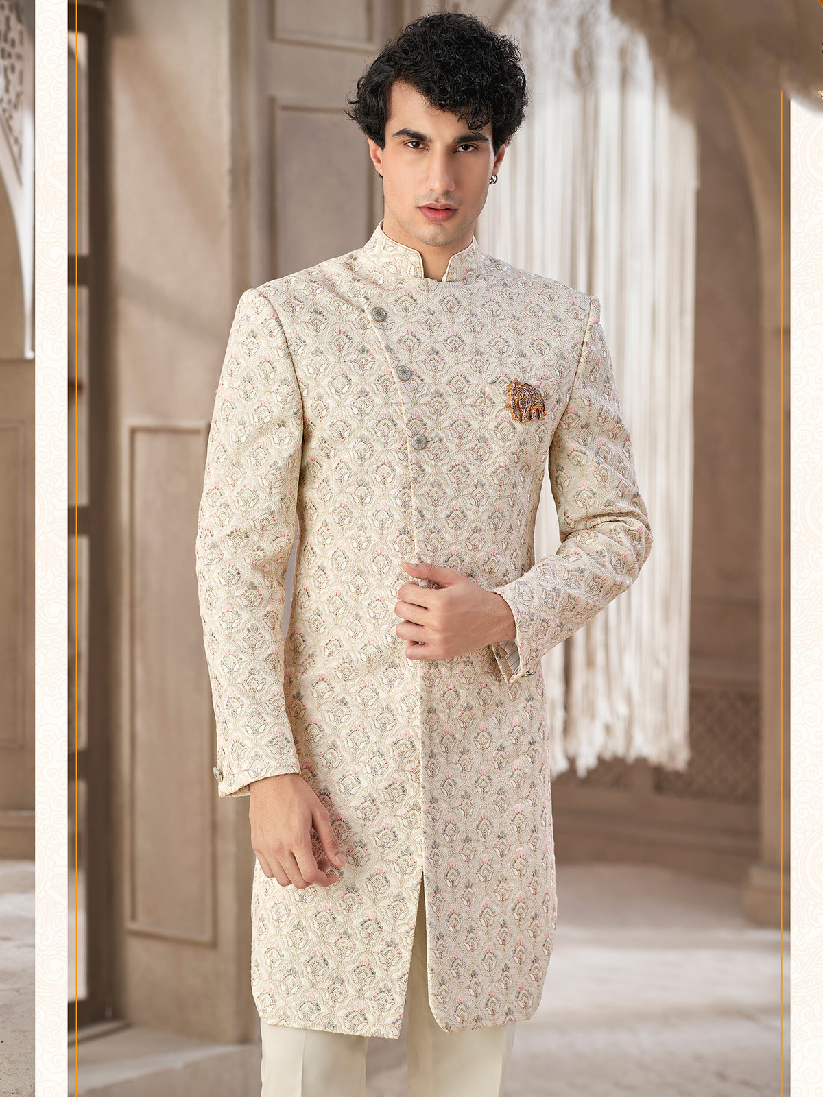 Antique Ivory Motif Embroidered Sherwani Set