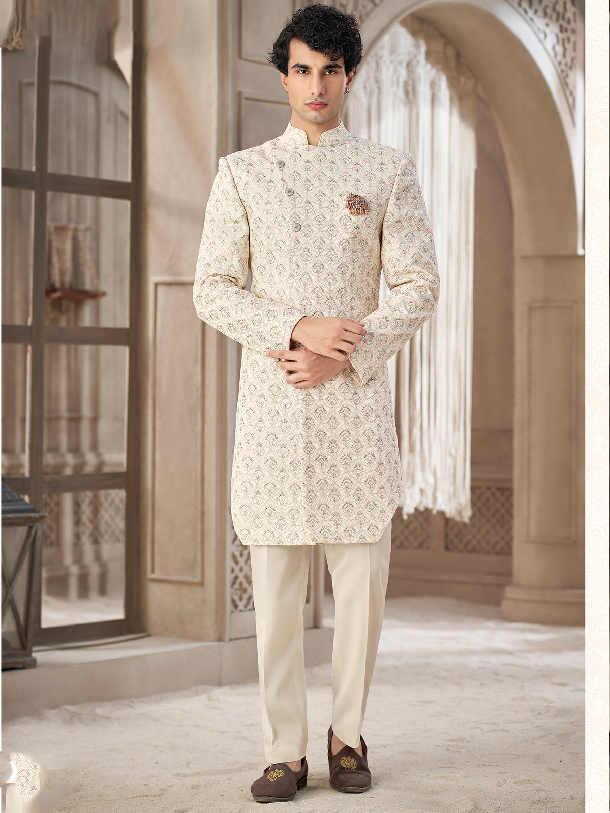 Antique Ivory Motif Embroidered Sherwani Set