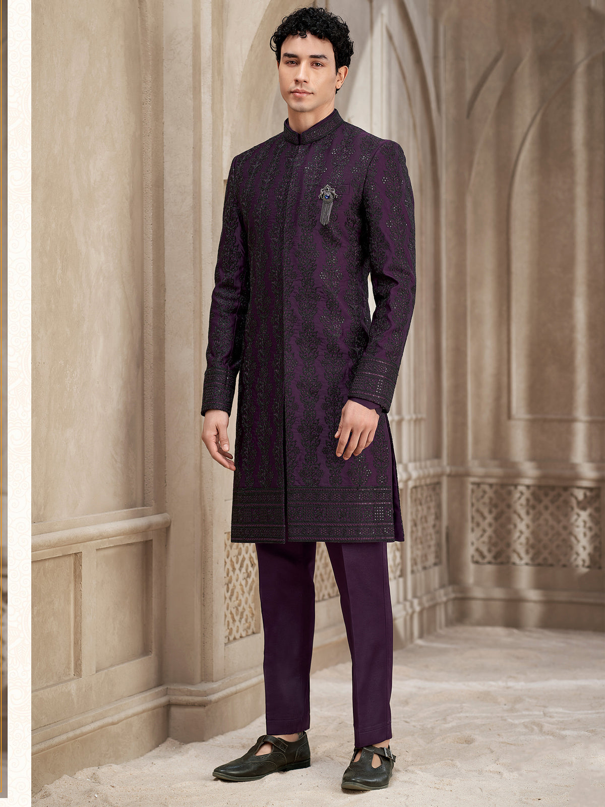 Purple Floral Embroidered Wedding indowestern Suit