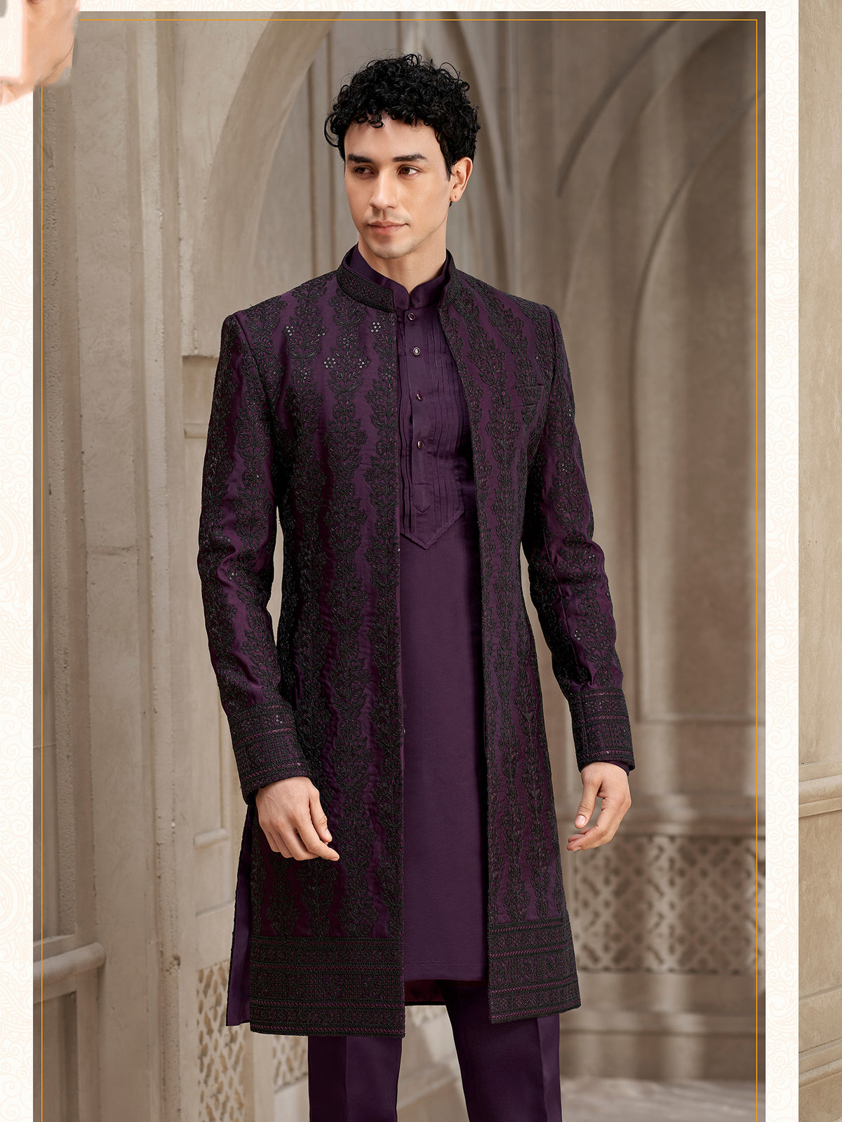 Purple Floral Embroidered Wedding indowestern Suit