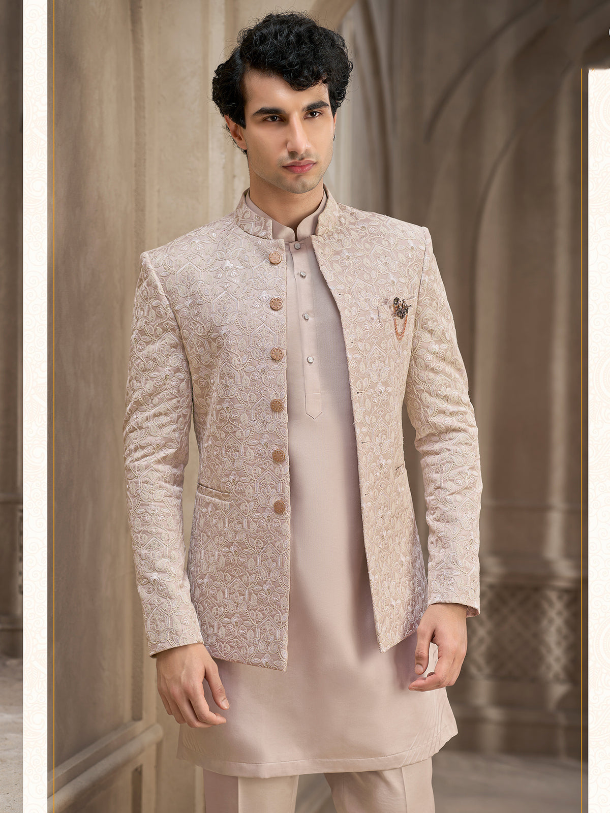 Light Beige Embroidered Wedding Indowestern Set