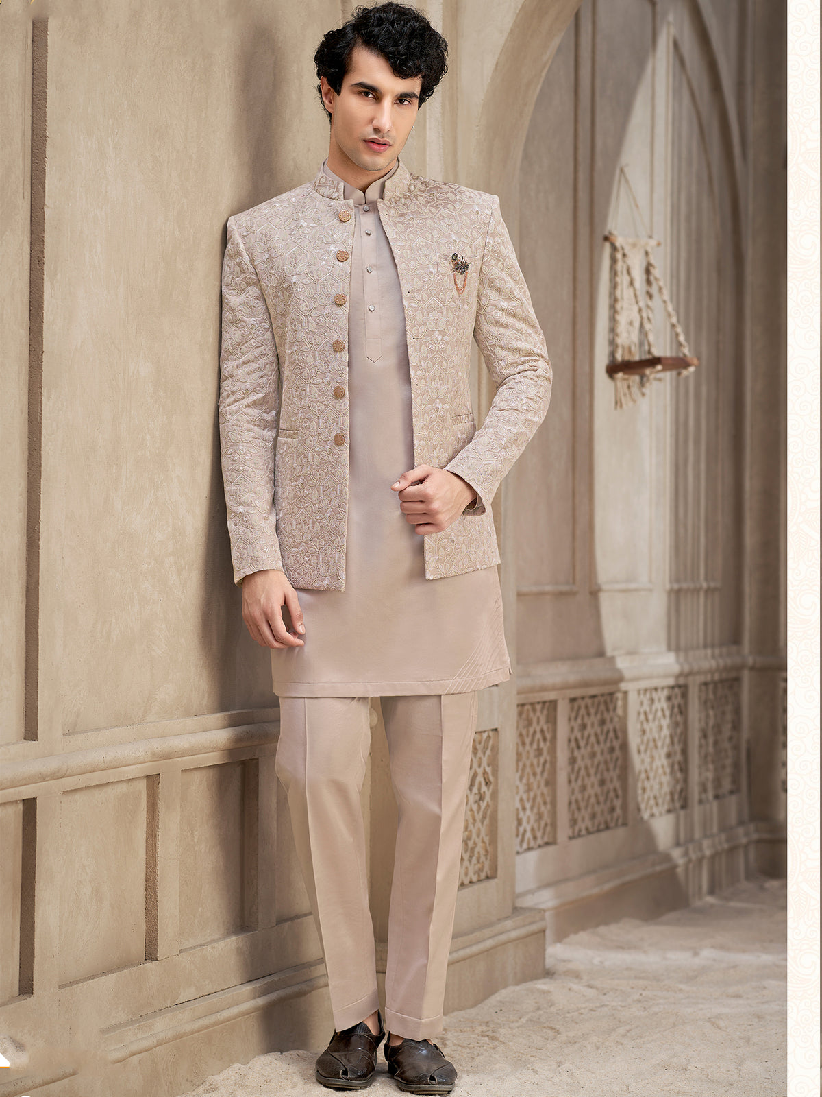 Light Beige Embroidered Wedding Indowestern Set