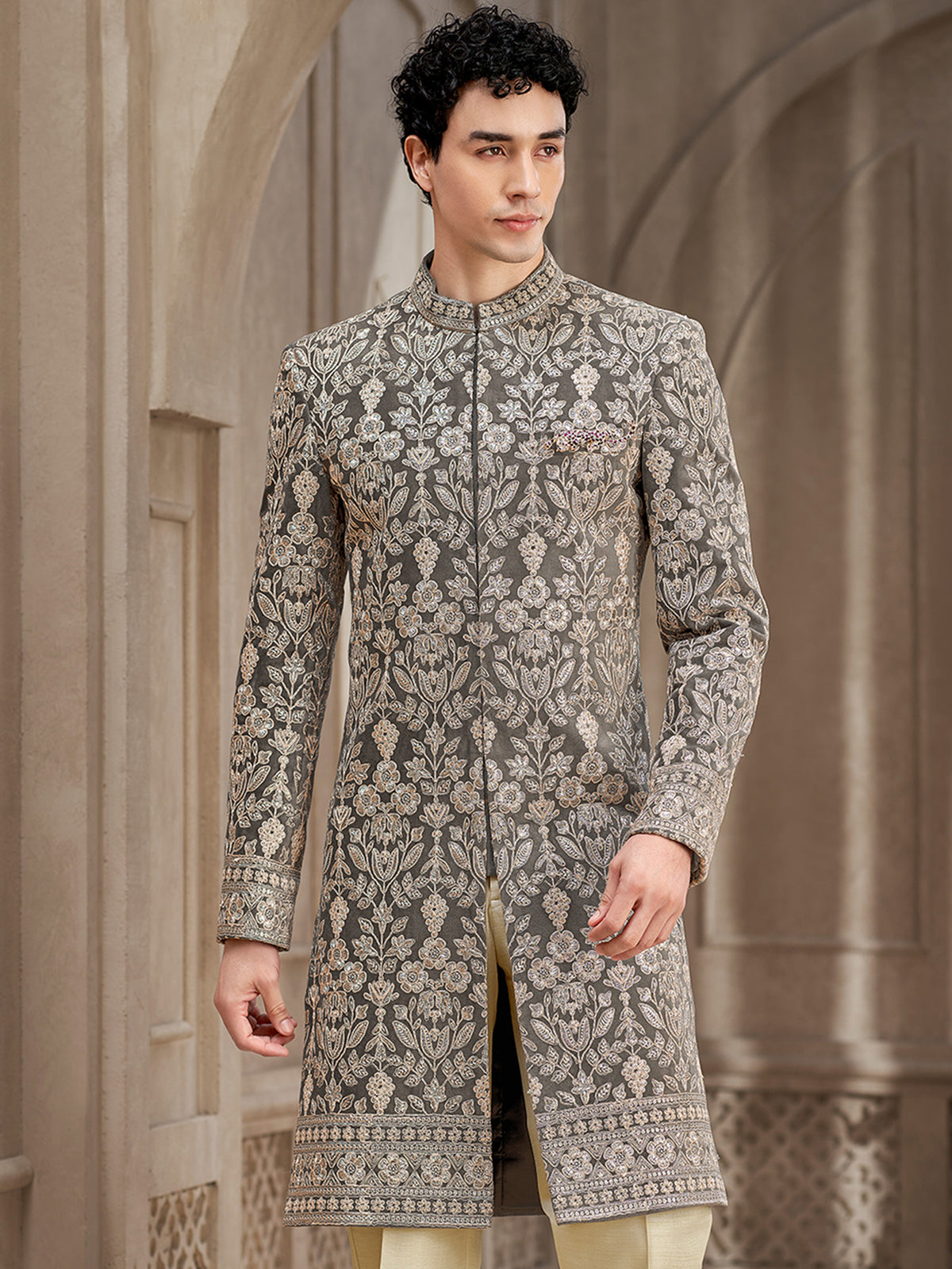 Grey Heritage Embroidered Wedding Indowestern Suit