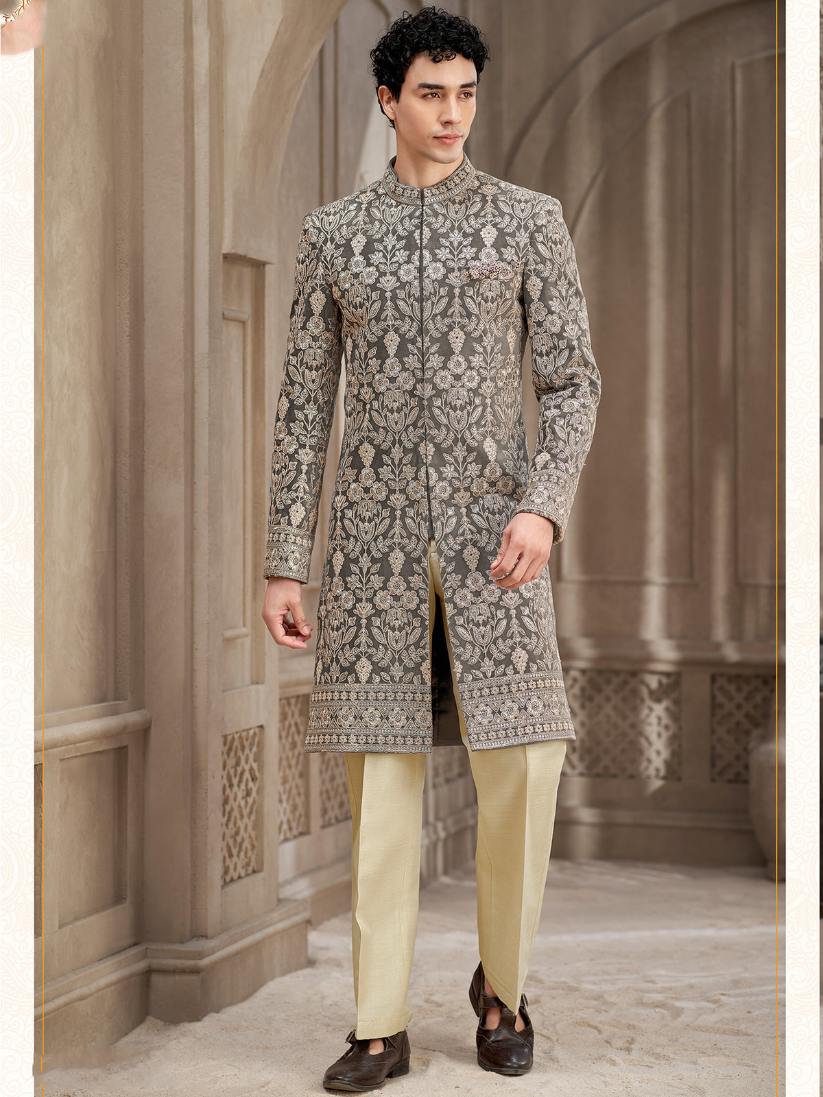 Grey Heritage Embroidered Wedding Indowestern Suit