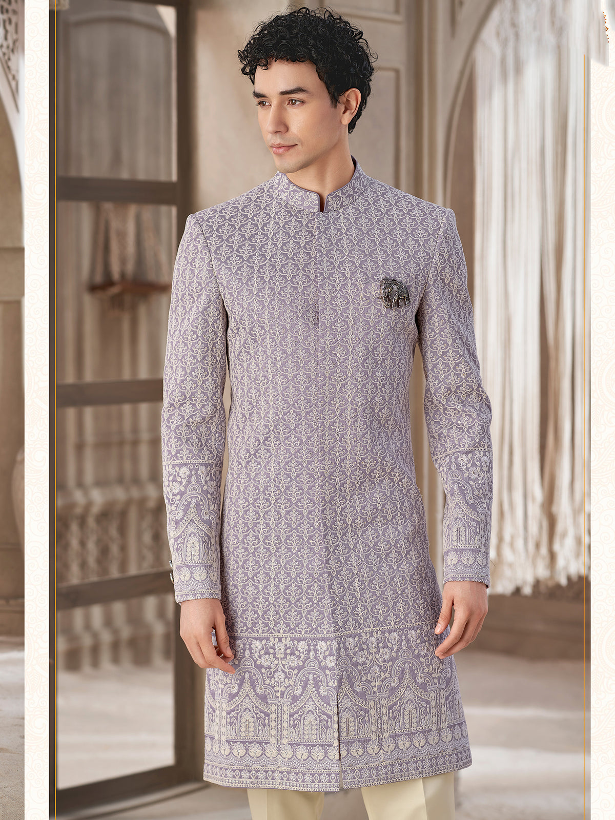 Lavender Embroidered Festive Indowestern Suit