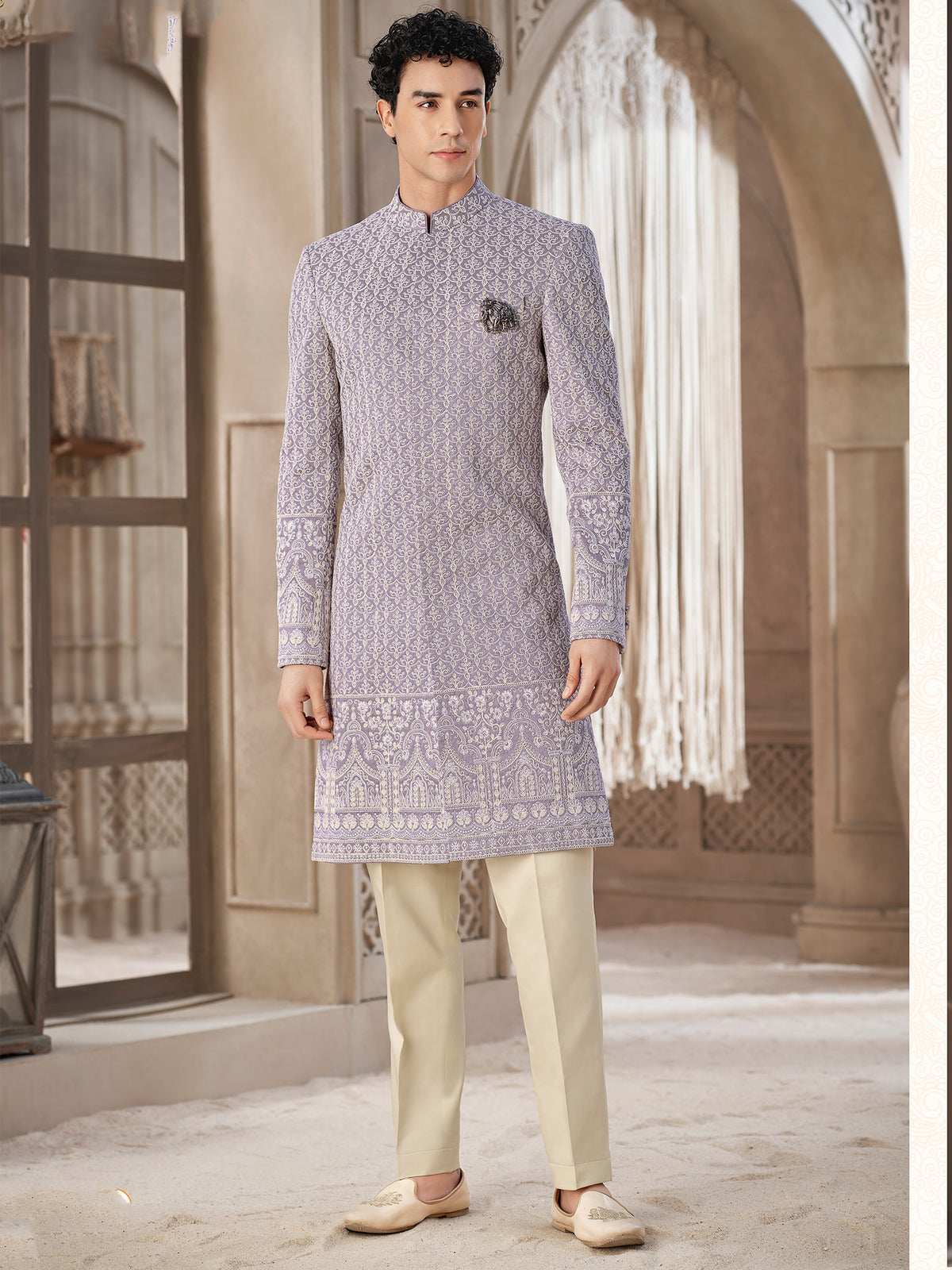 Lavender Embroidered Festive Indowestern Suit