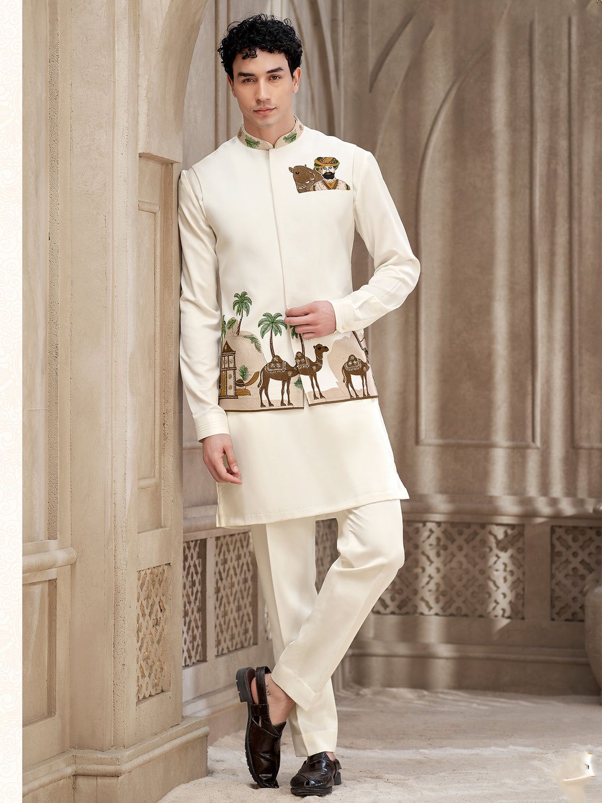 Cream Heritage Kurta Pajama with Jacket