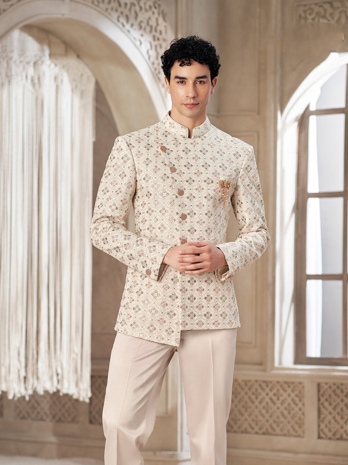Cream Patterned Indo Western Wedding Suit