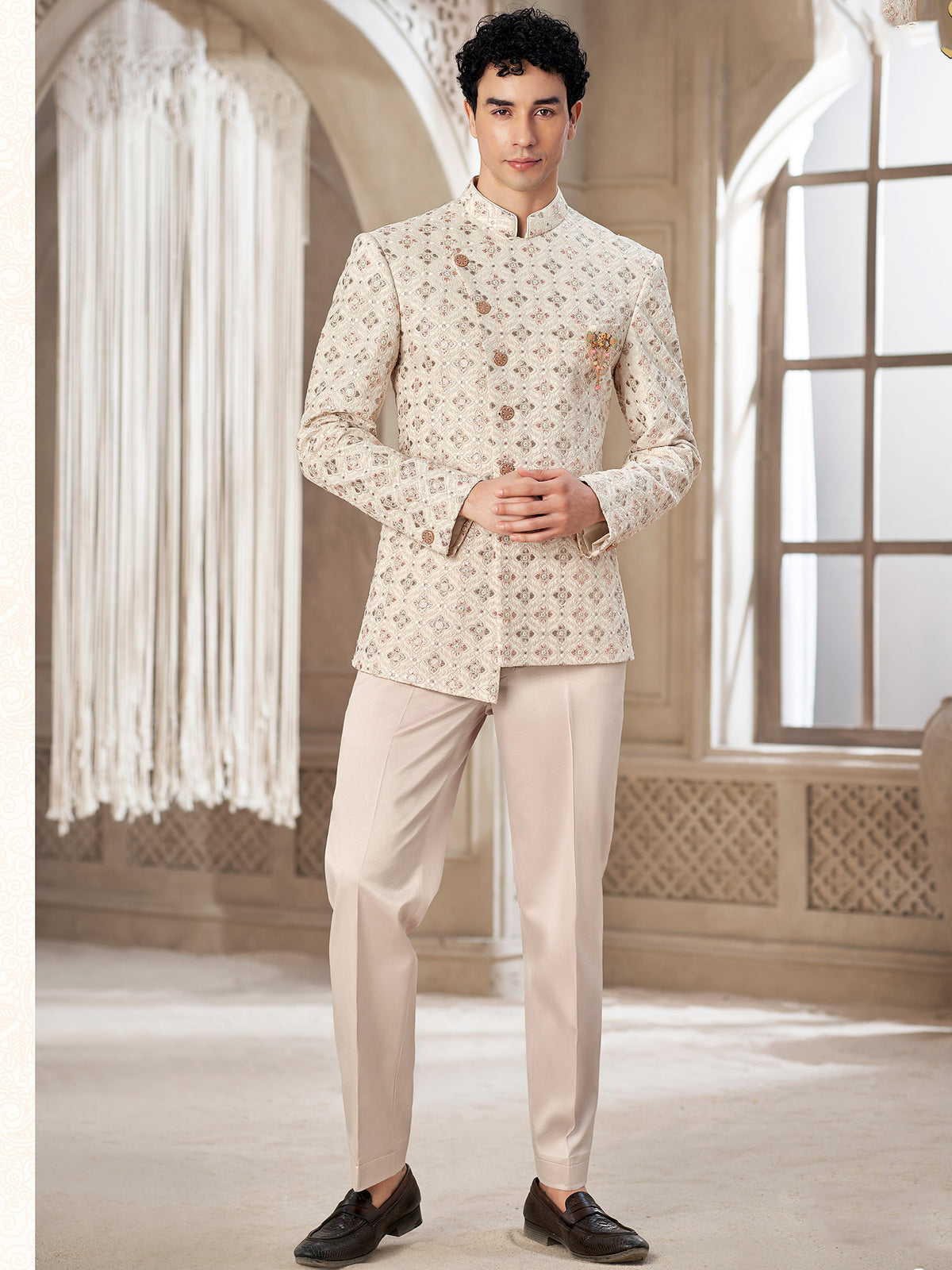 Cream Patterned Indo Western Wedding Suit