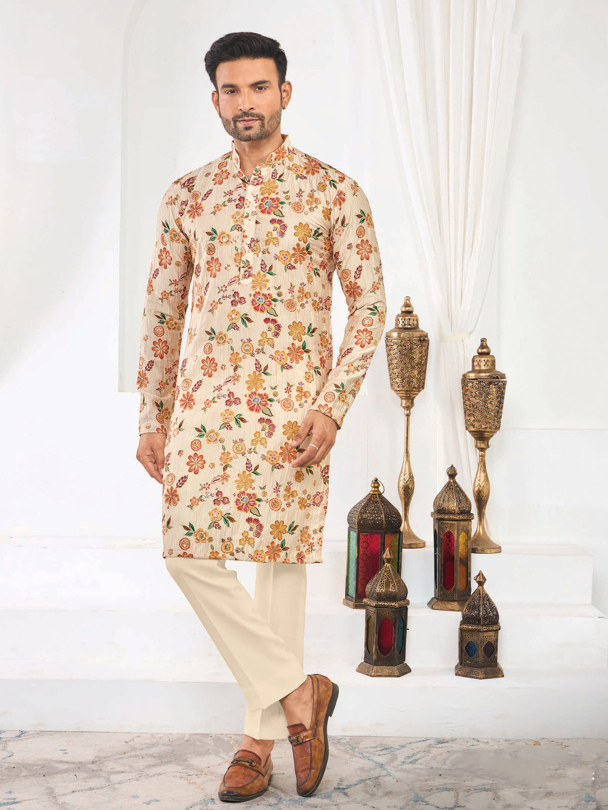 Ivory Floral Pattern Silk Ethnic Wear
