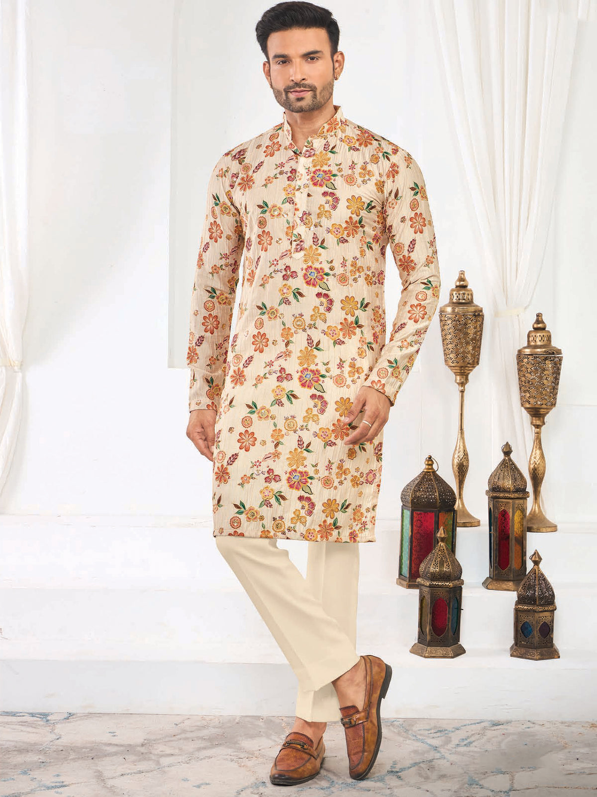 Ivory Floral Pattern Silk Ethnic Wear