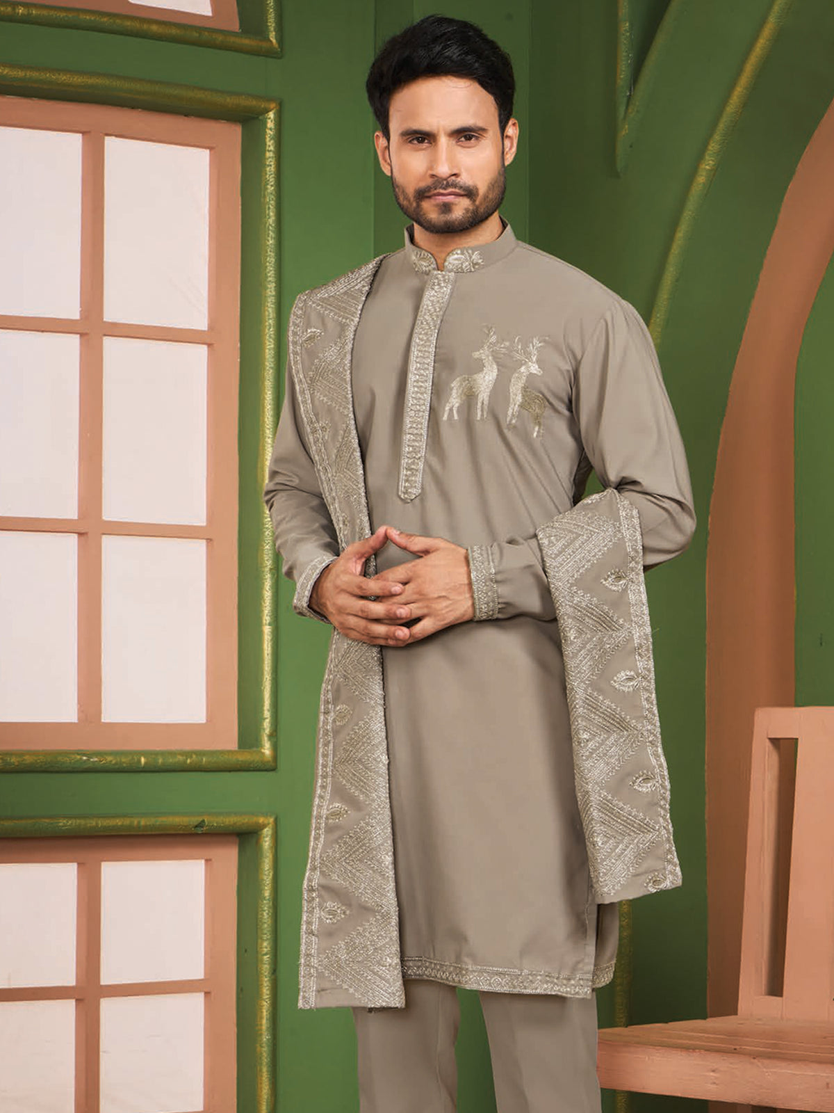 Grey Silk Kurta with Deer Embroidery