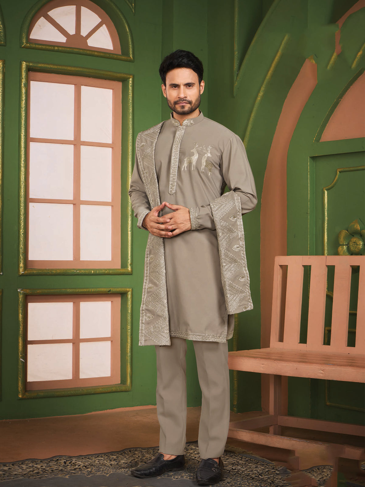 Grey Silk Kurta with Deer Embroidery