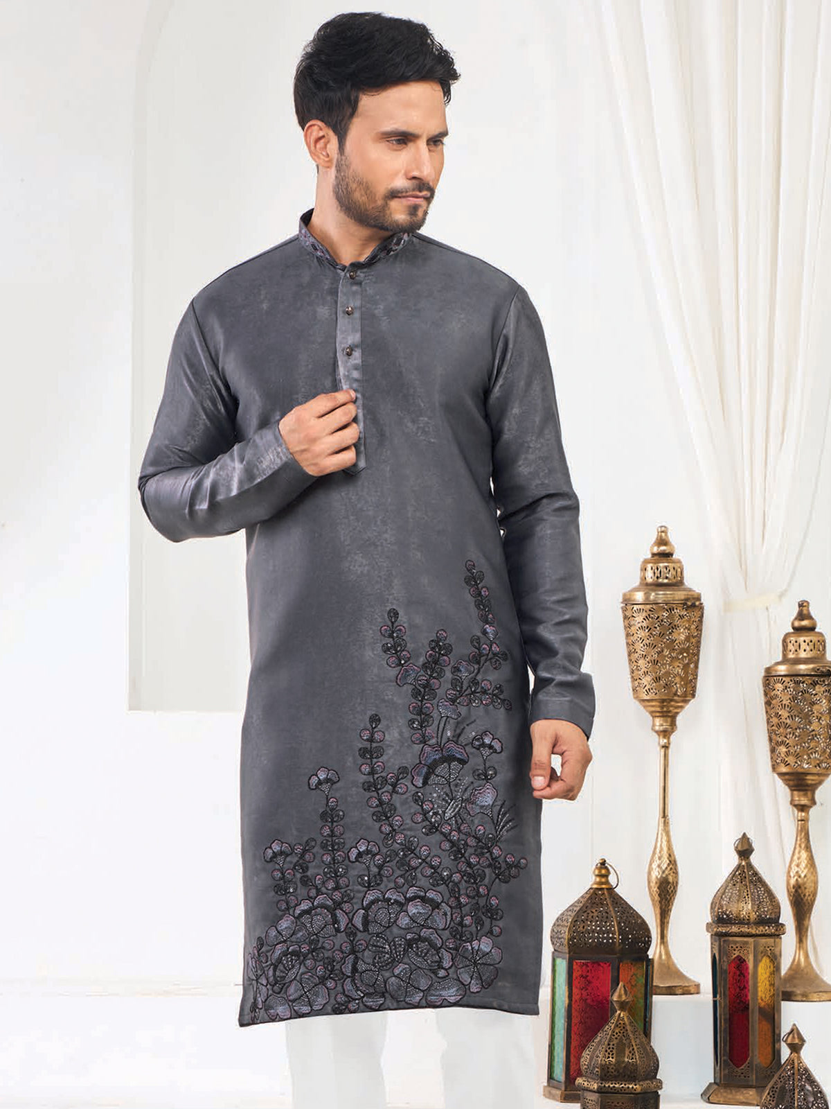 Grey Festive Silk Kurta Pajama Set