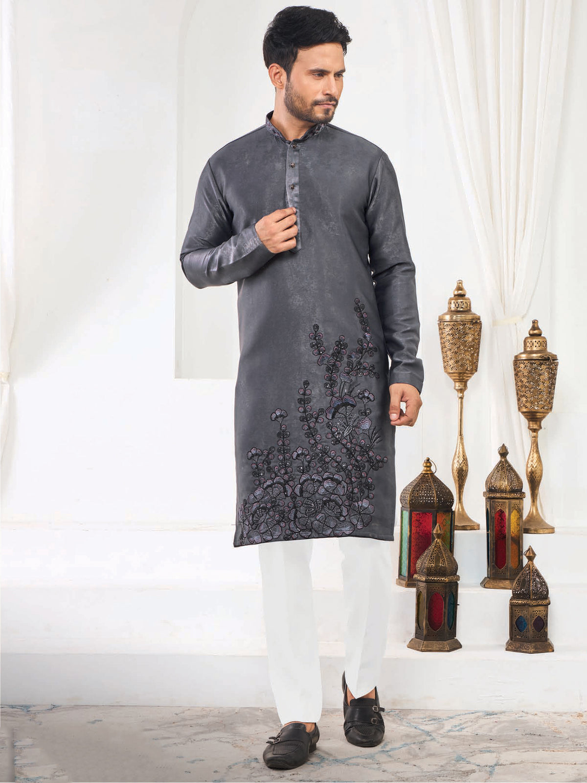 Grey Festive Silk Kurta Pajama Set
