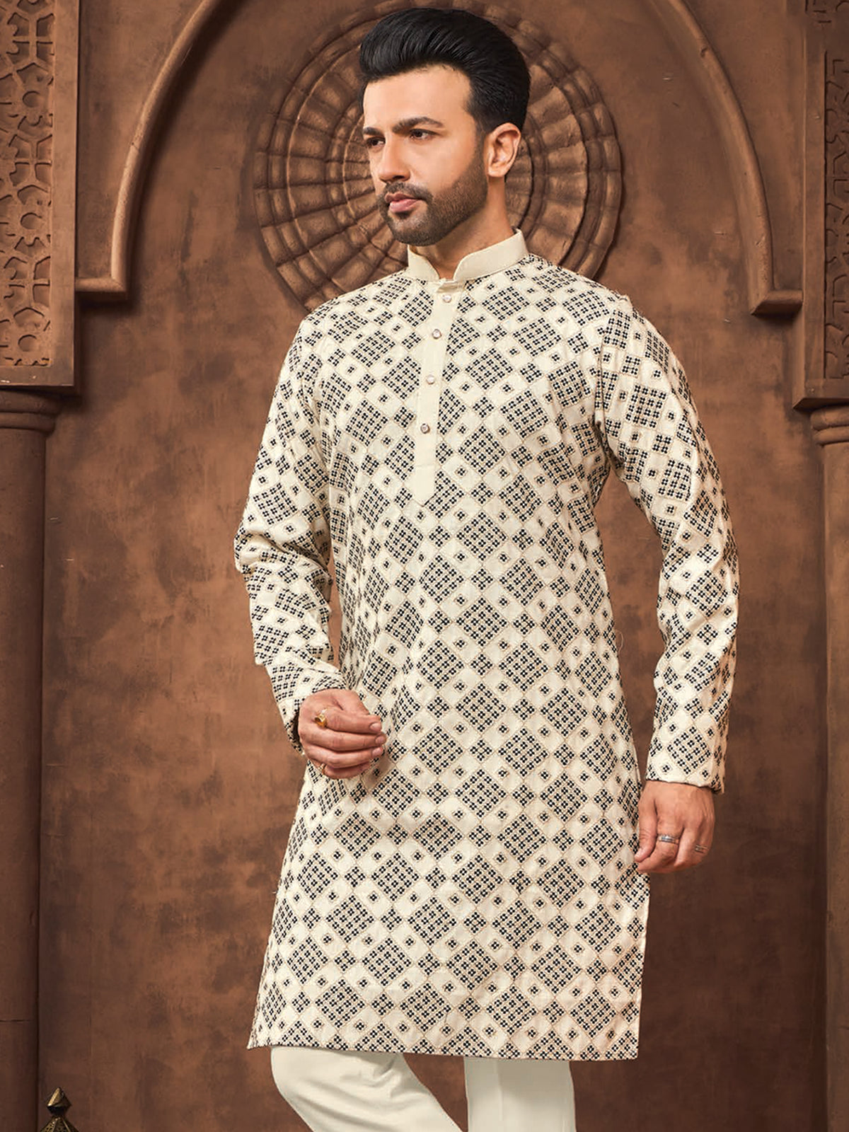 Ivory Geometric Print Kurta for Men