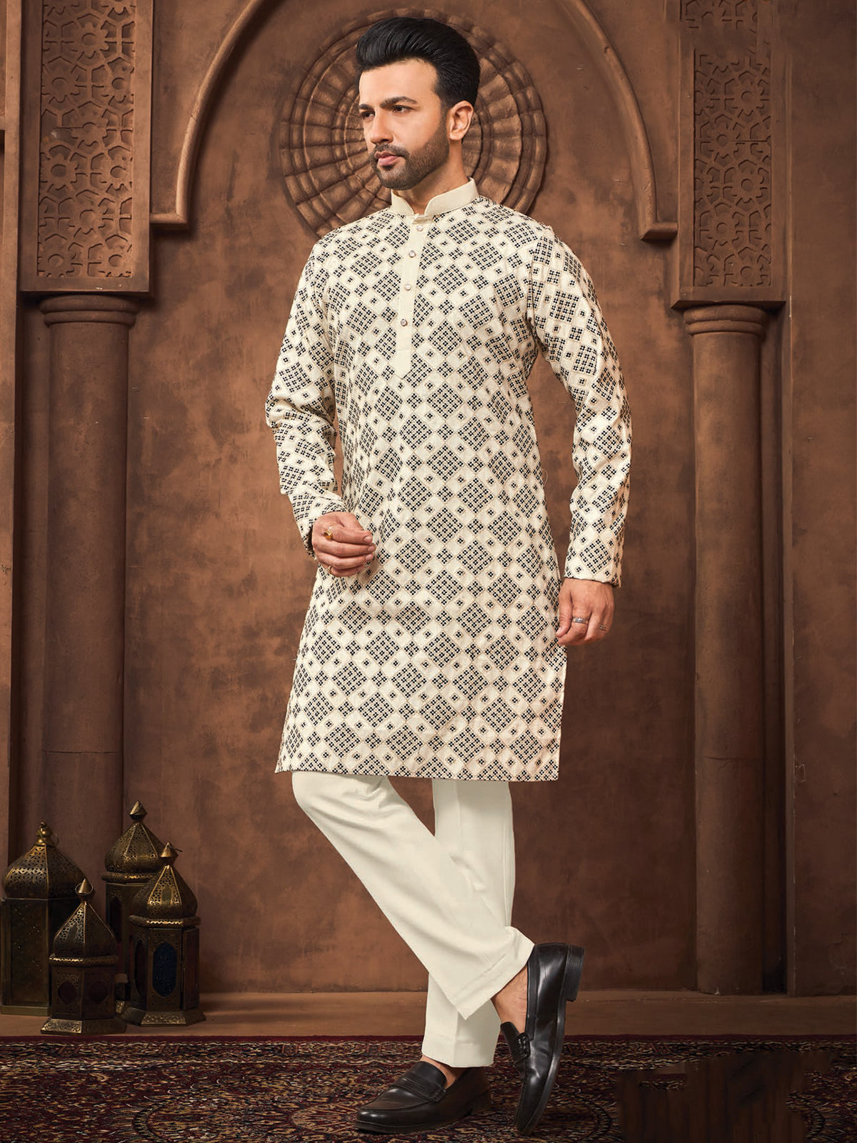 Ivory Geometric Print Kurta for Men