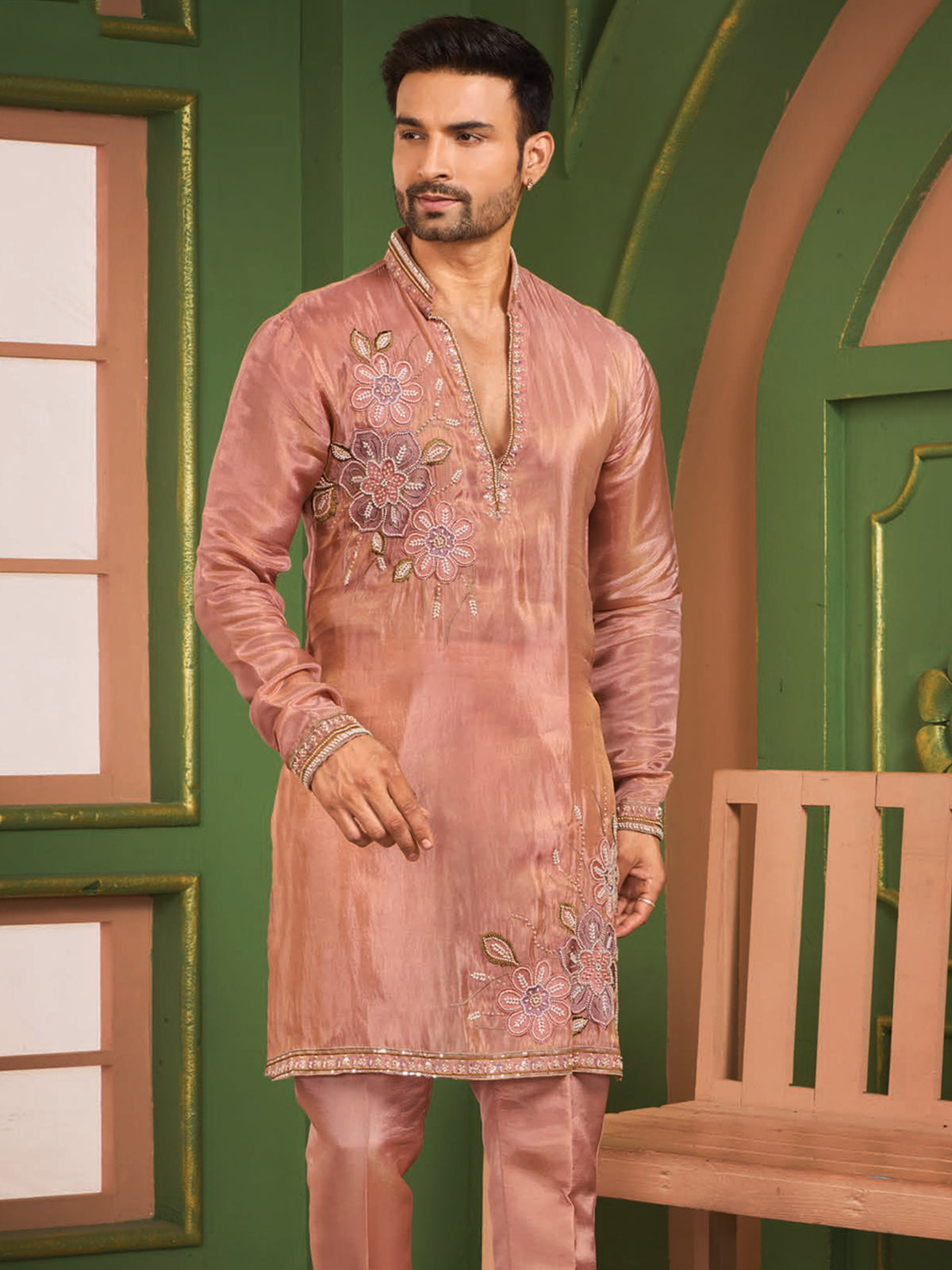 Peach Floral Work Kurta Set for Men