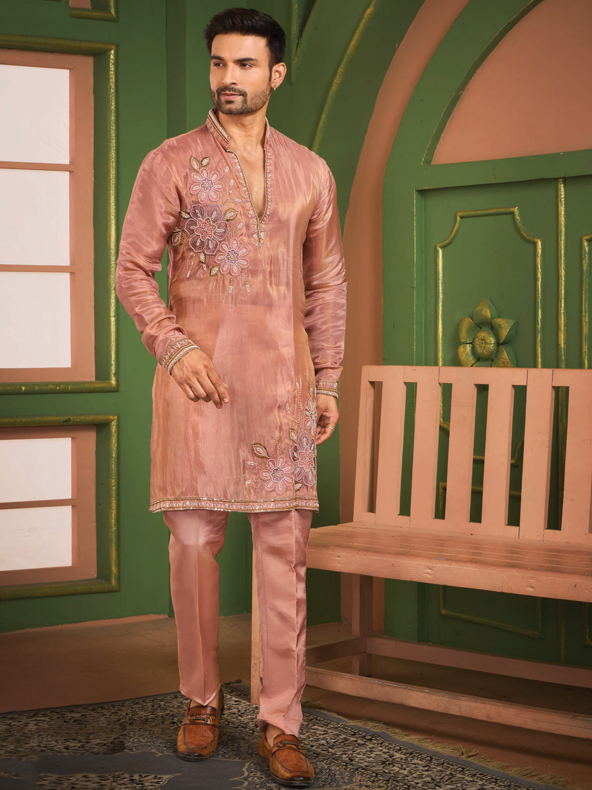 Peach Floral Work Kurta Set for Men