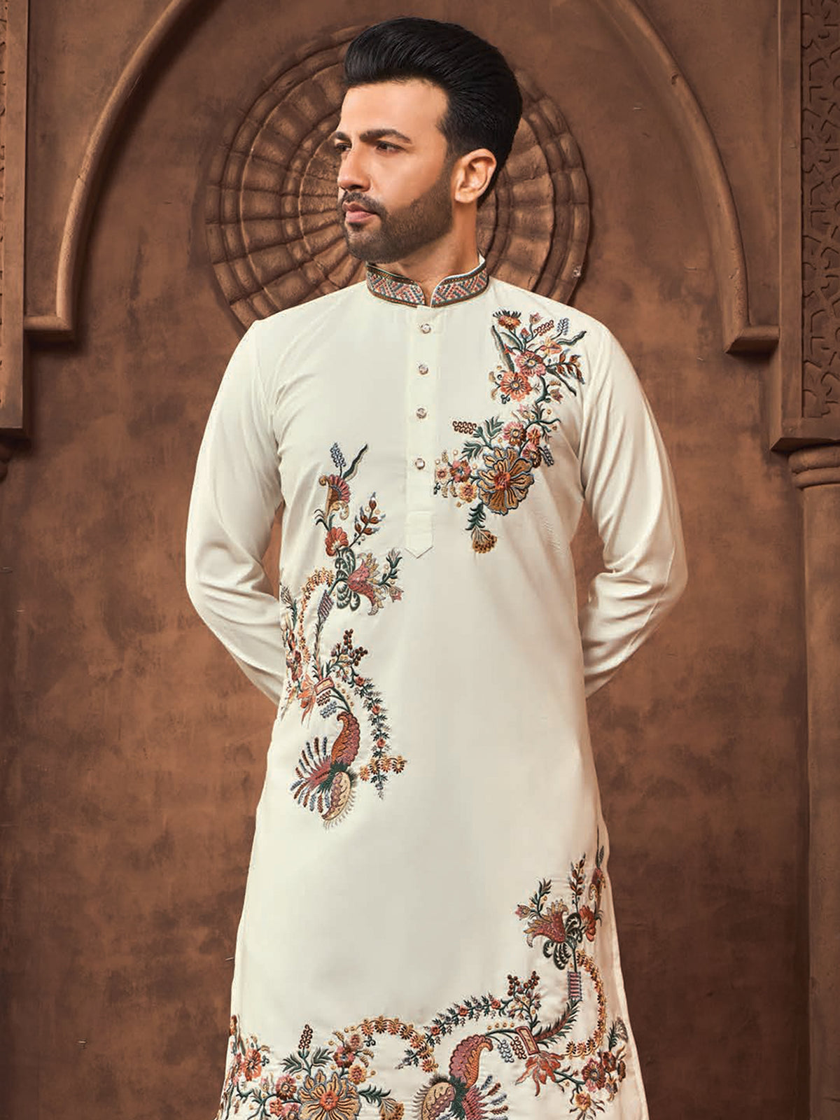Cream Floral Threadwork Kurta for Men
