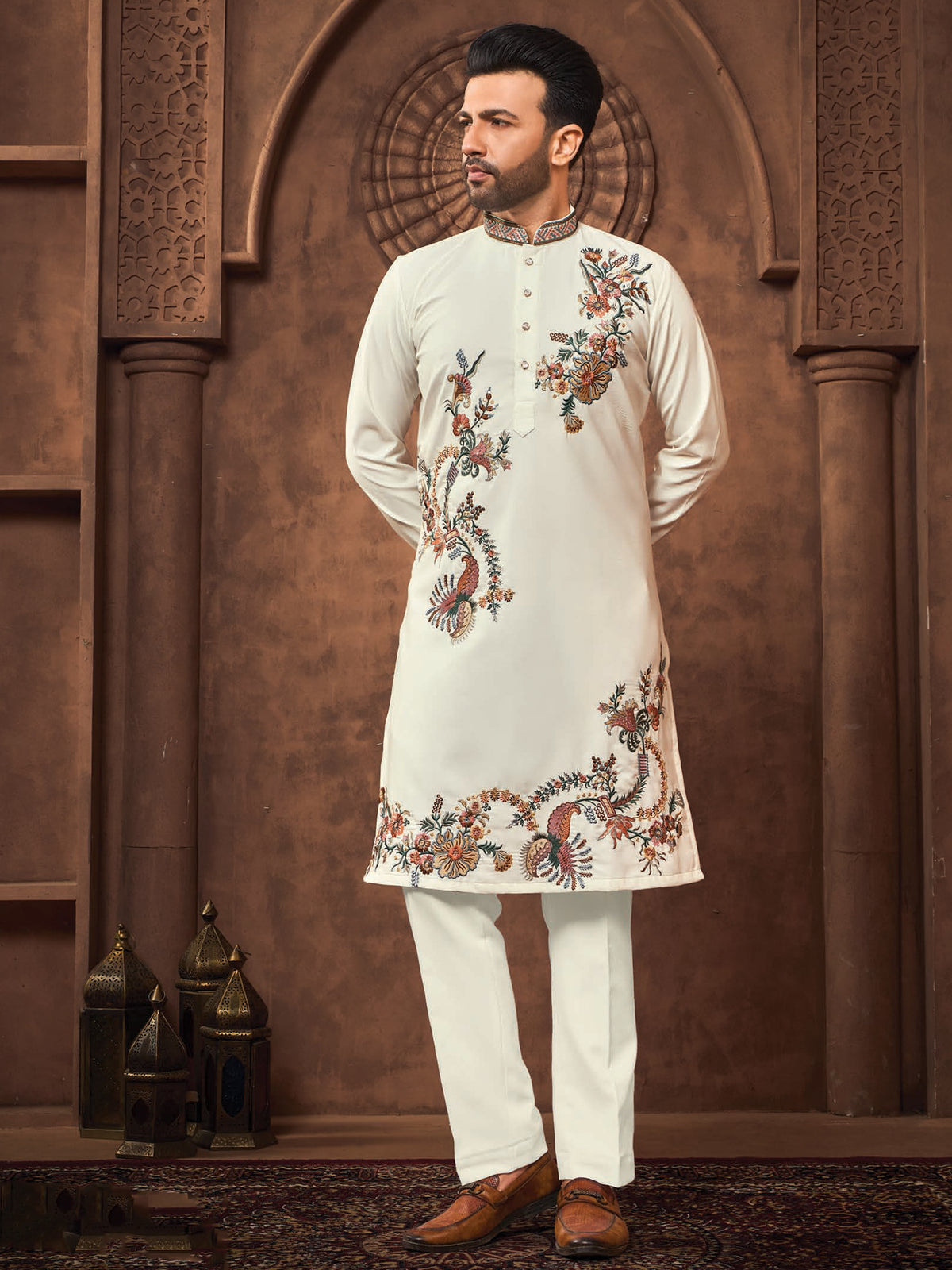 Cream Floral Threadwork Kurta for Men