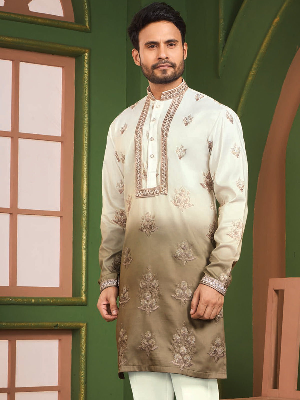Beige Festive Silk Kurta Pajama Set