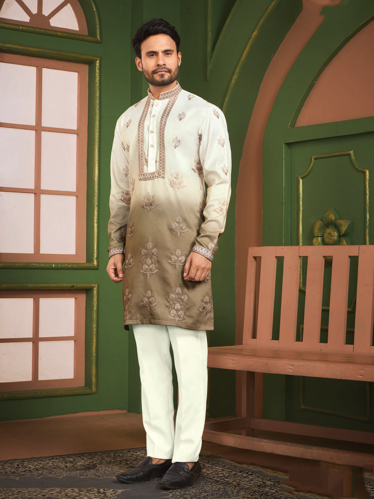 Beige Festive Silk Kurta Pajama Set