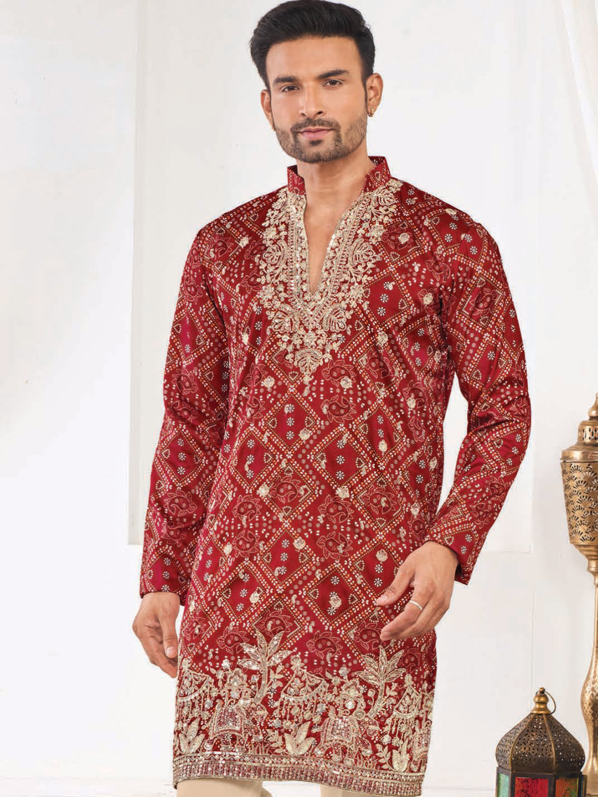 Red Festive Silk Kurta Set for Men