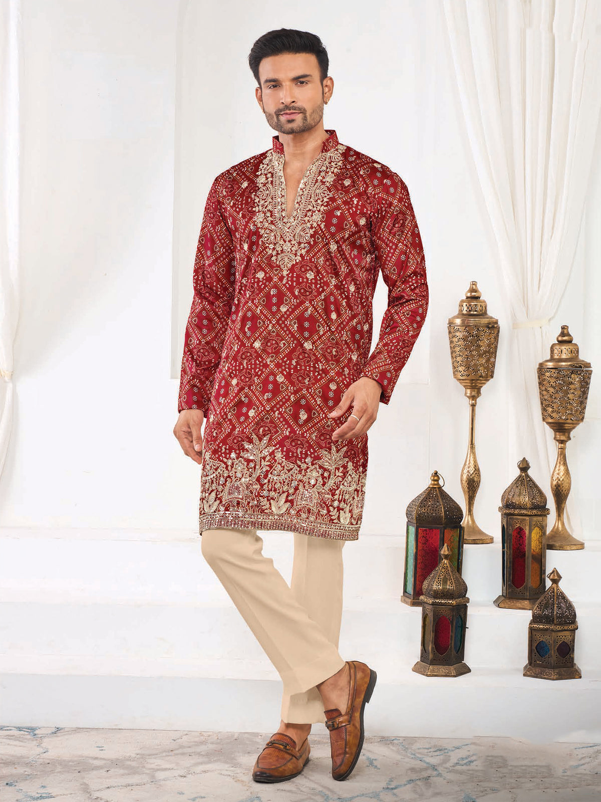 Red Festive Silk Kurta Set for Men