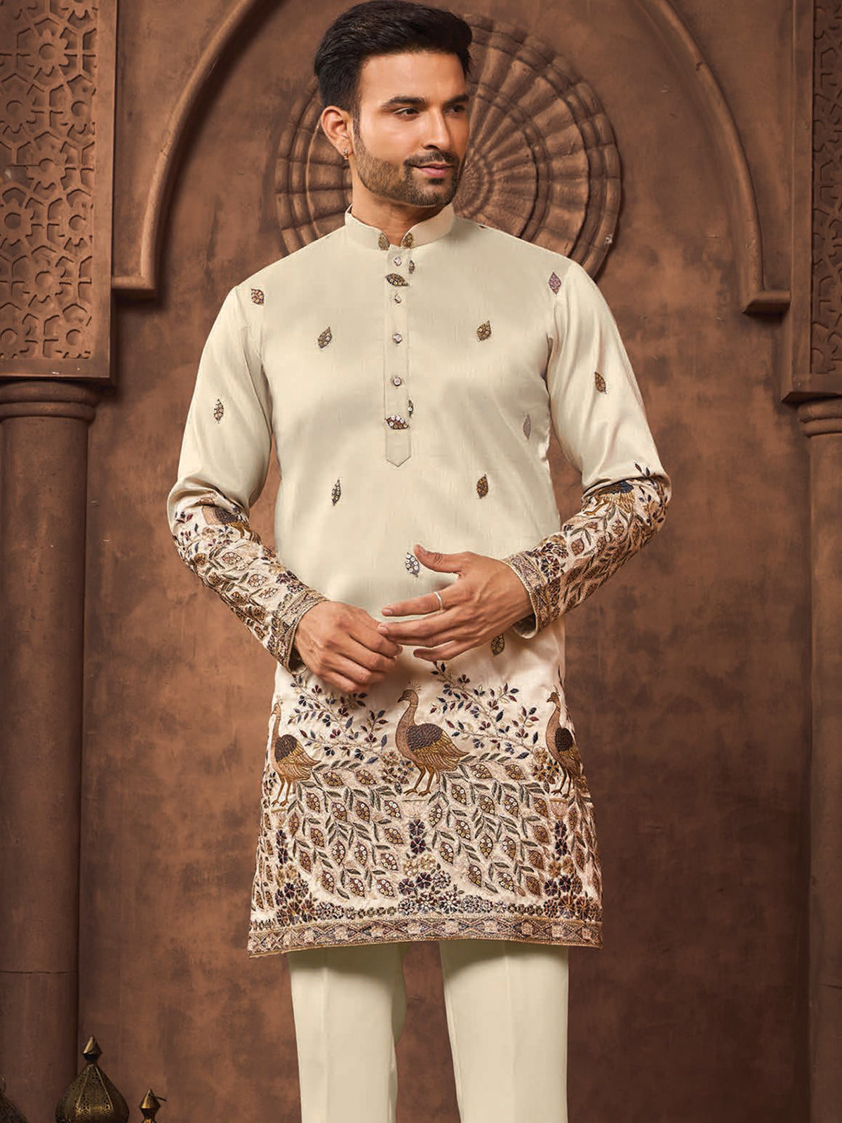 Cream Peacock Embroidery Kurta for Men