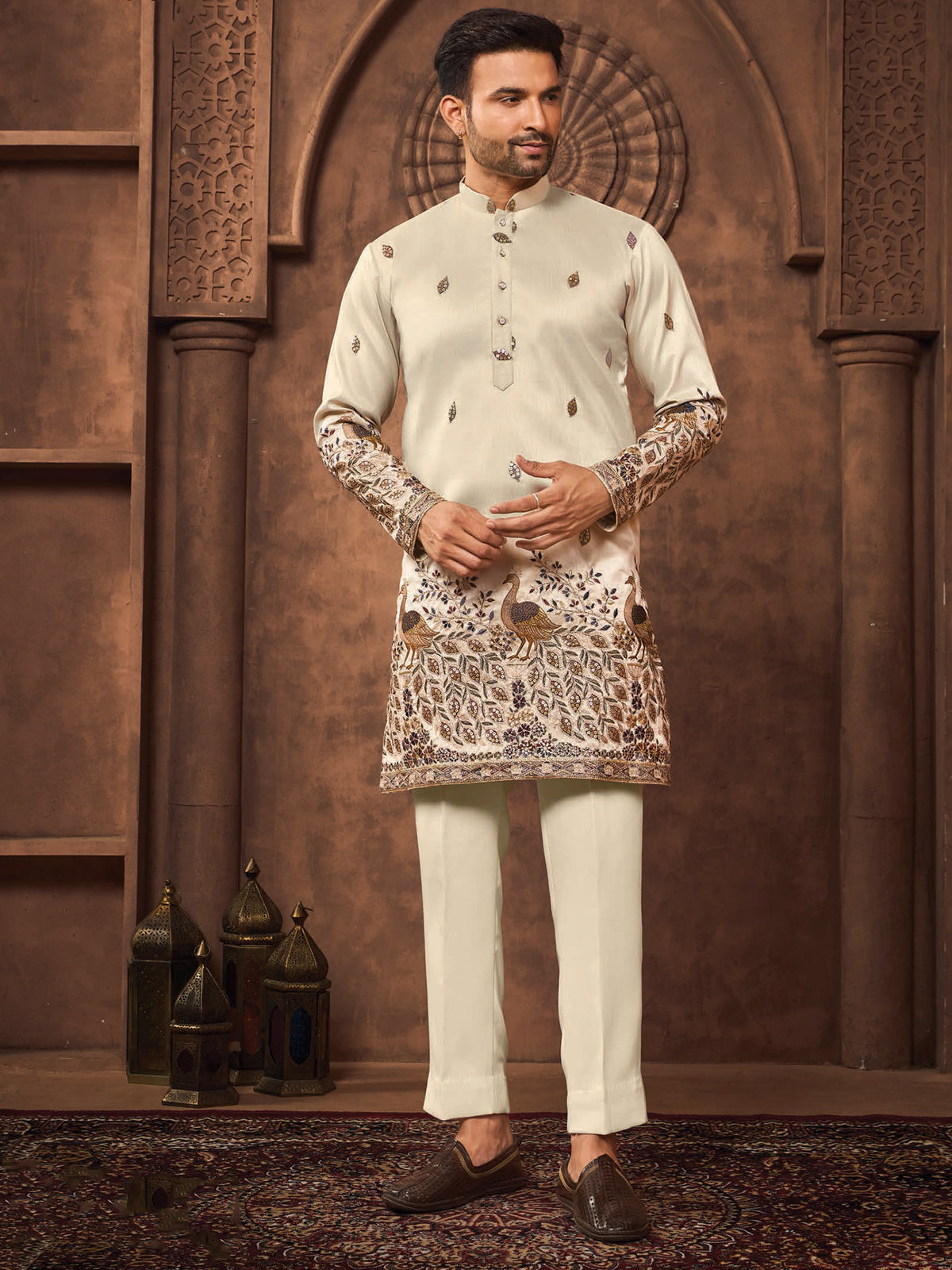 Cream Peacock Embroidery Kurta for Men