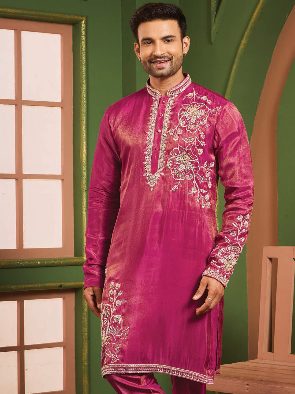 Pink Floral Work Silk Kurta for Men