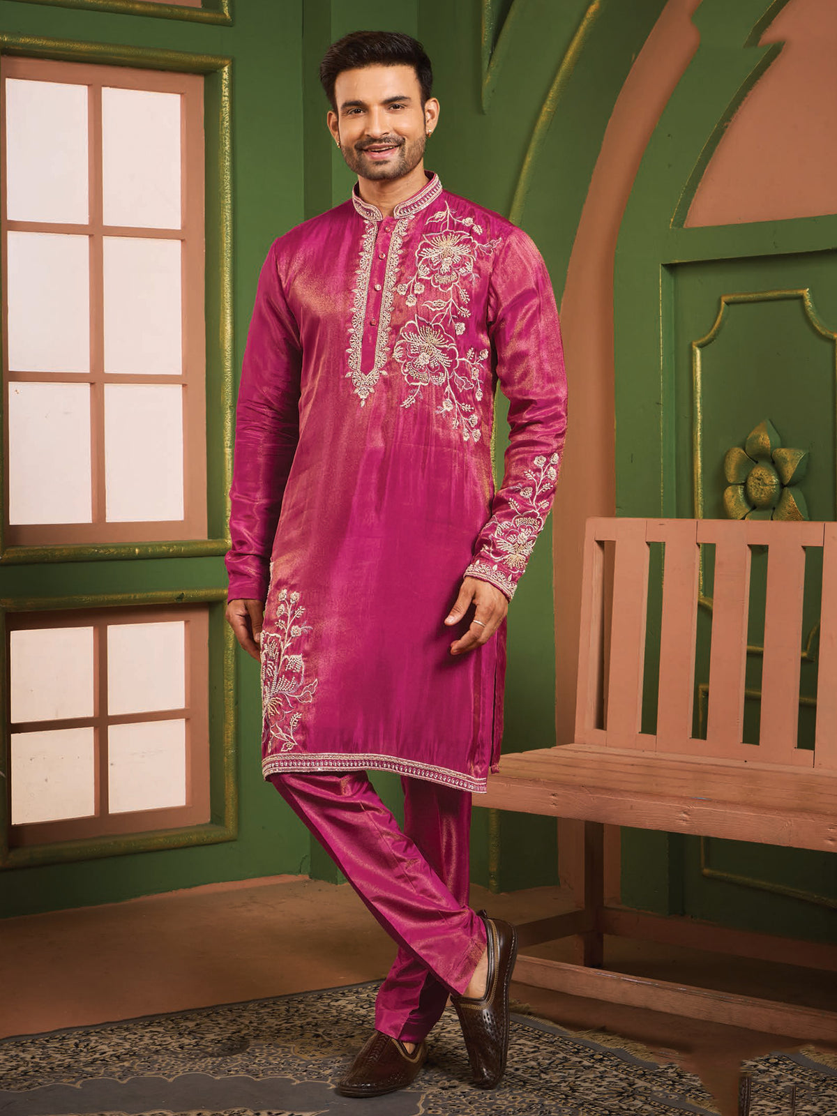 Pink Floral Work Silk Kurta for Men