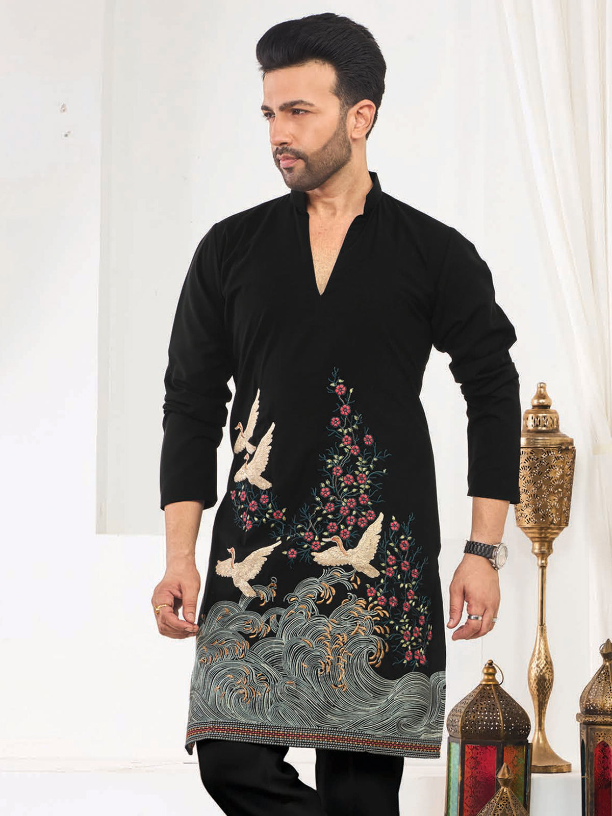 Black Floral Embroidery Kurta Pajama