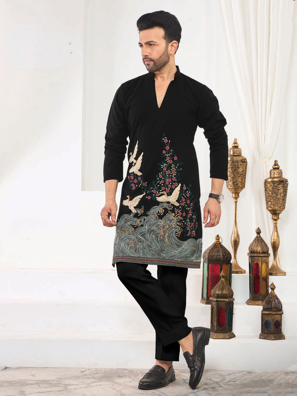 Black Floral Embroidery Kurta Pajama