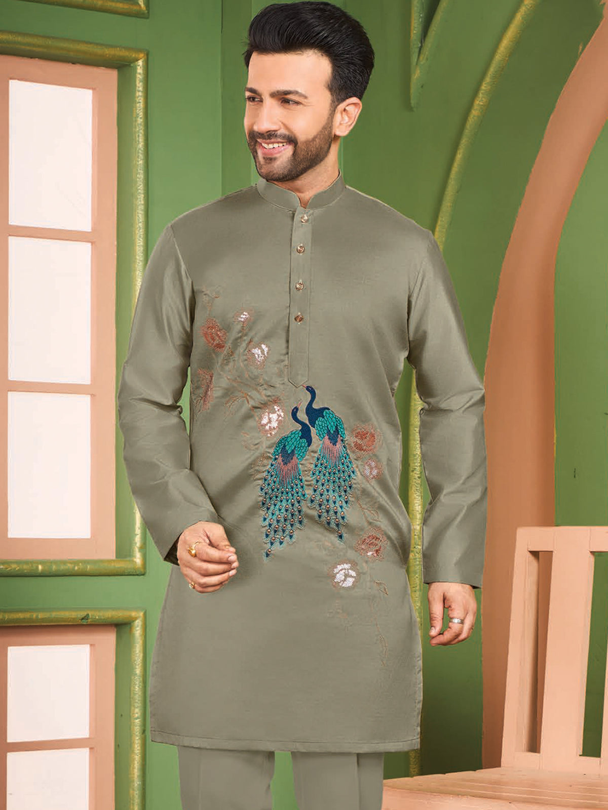 Olive Green Festive Kurta Pajama