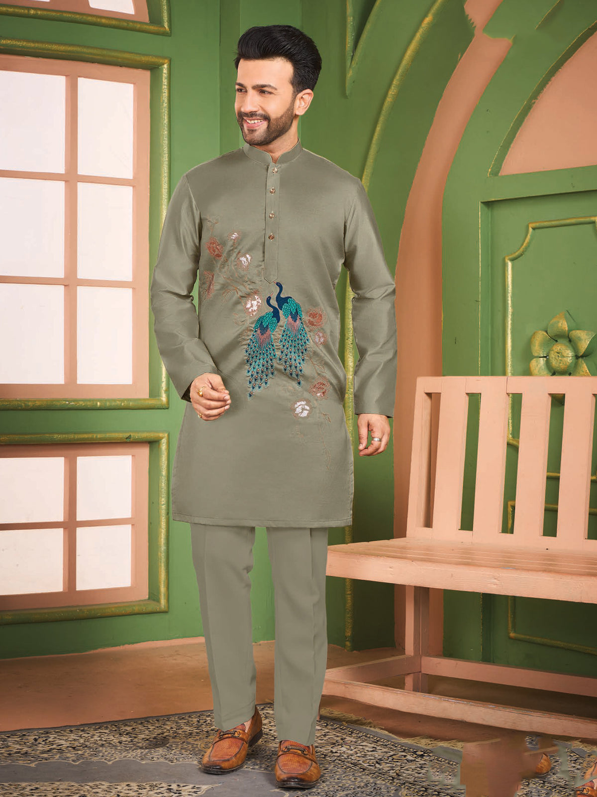 Olive Green Festive Kurta Pajama