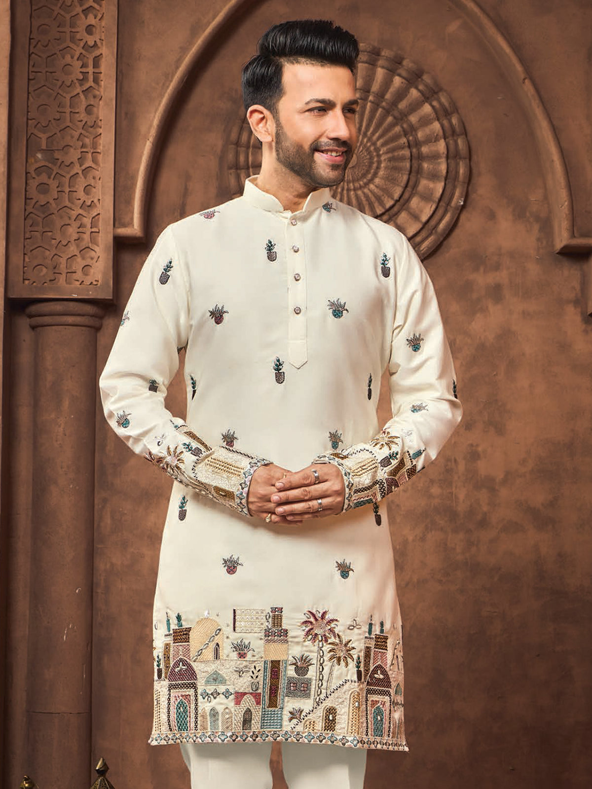 Cream Printed Kurta Pajama for Men