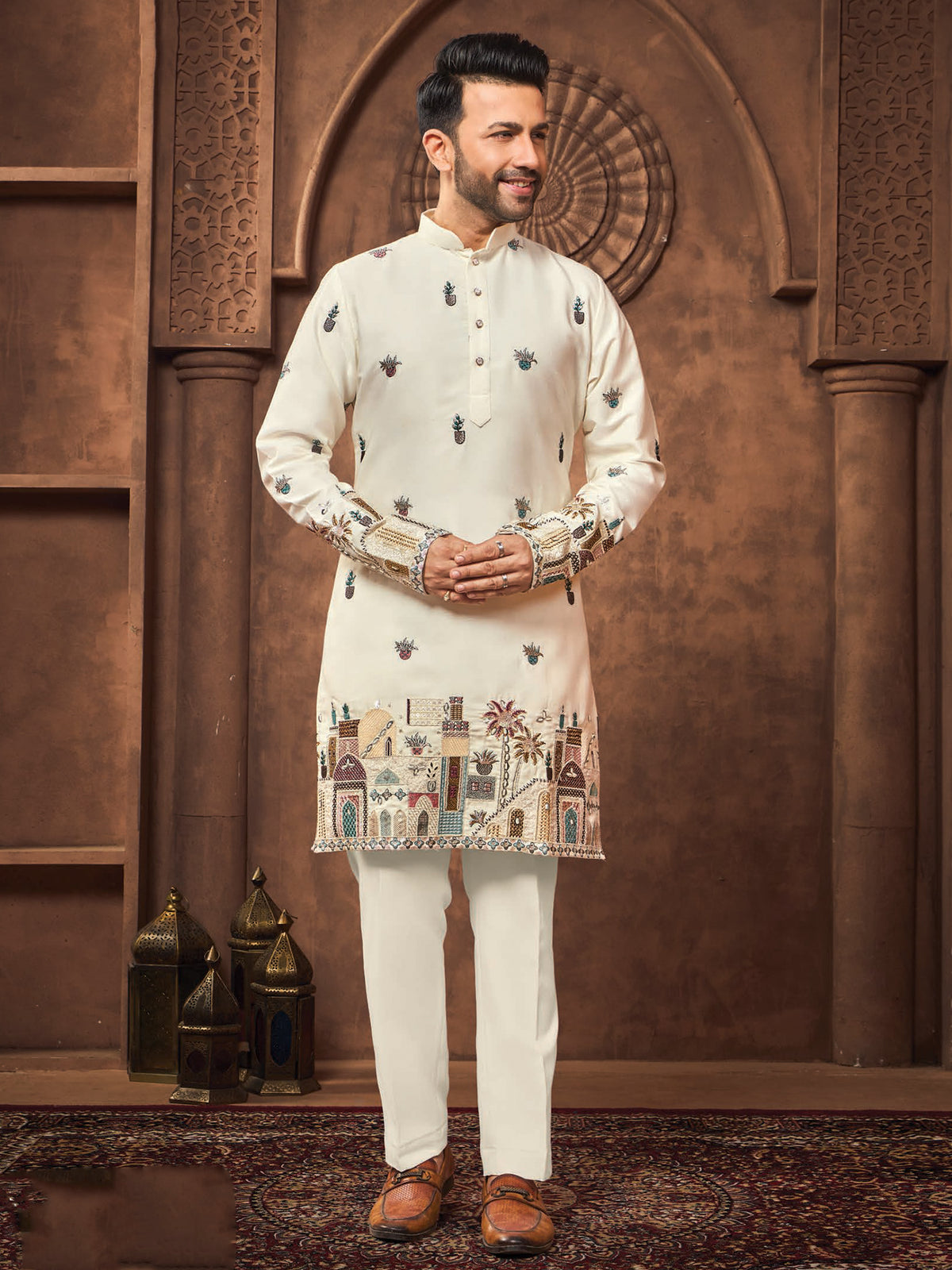 Cream Printed Kurta Pajama for Men