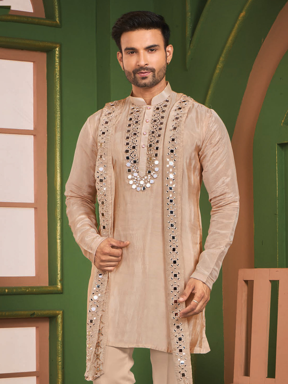 Beige Festive Silk Kurta Pajama Outfit