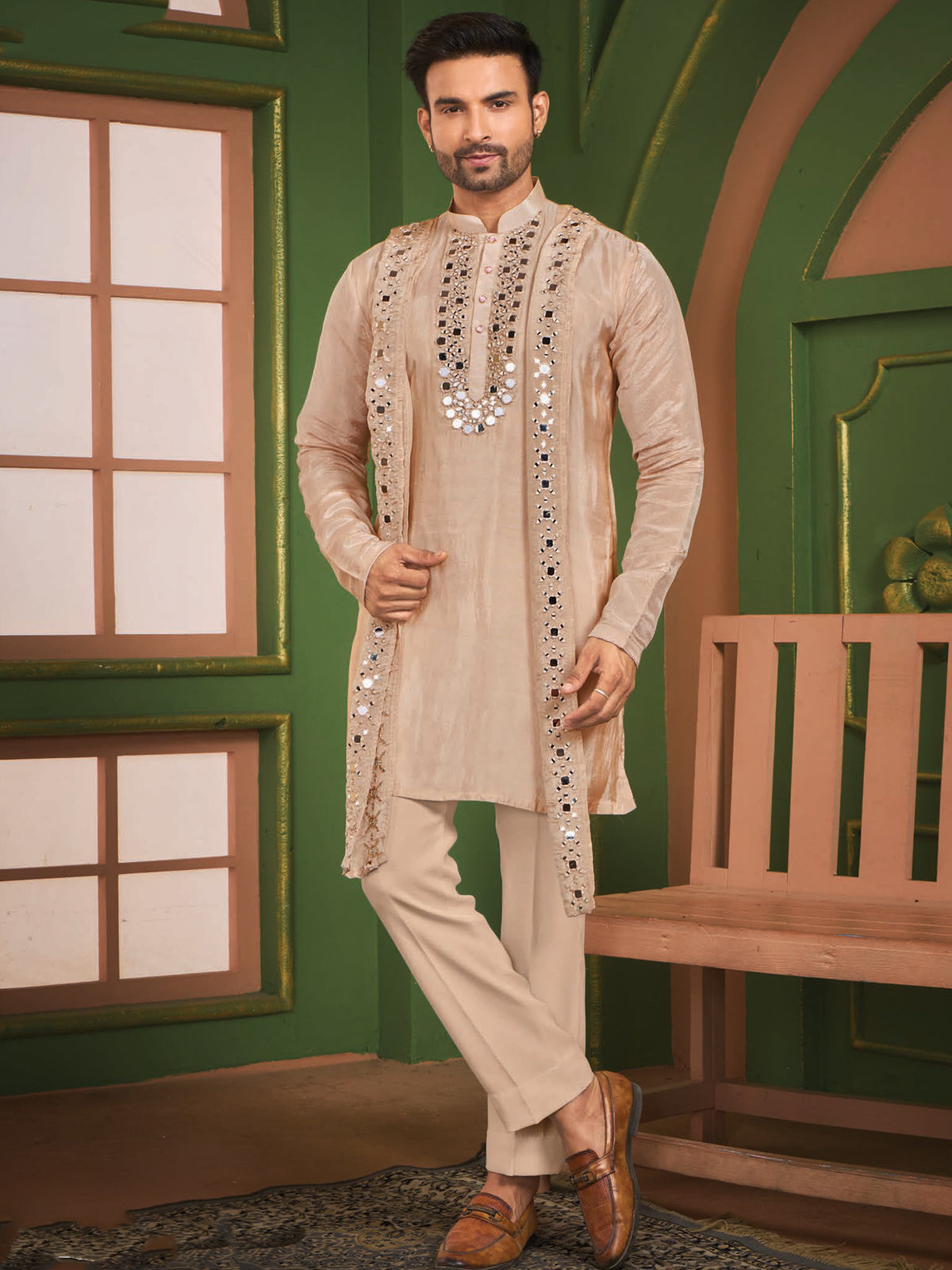 Beige Festive Silk Kurta Pajama Outfit