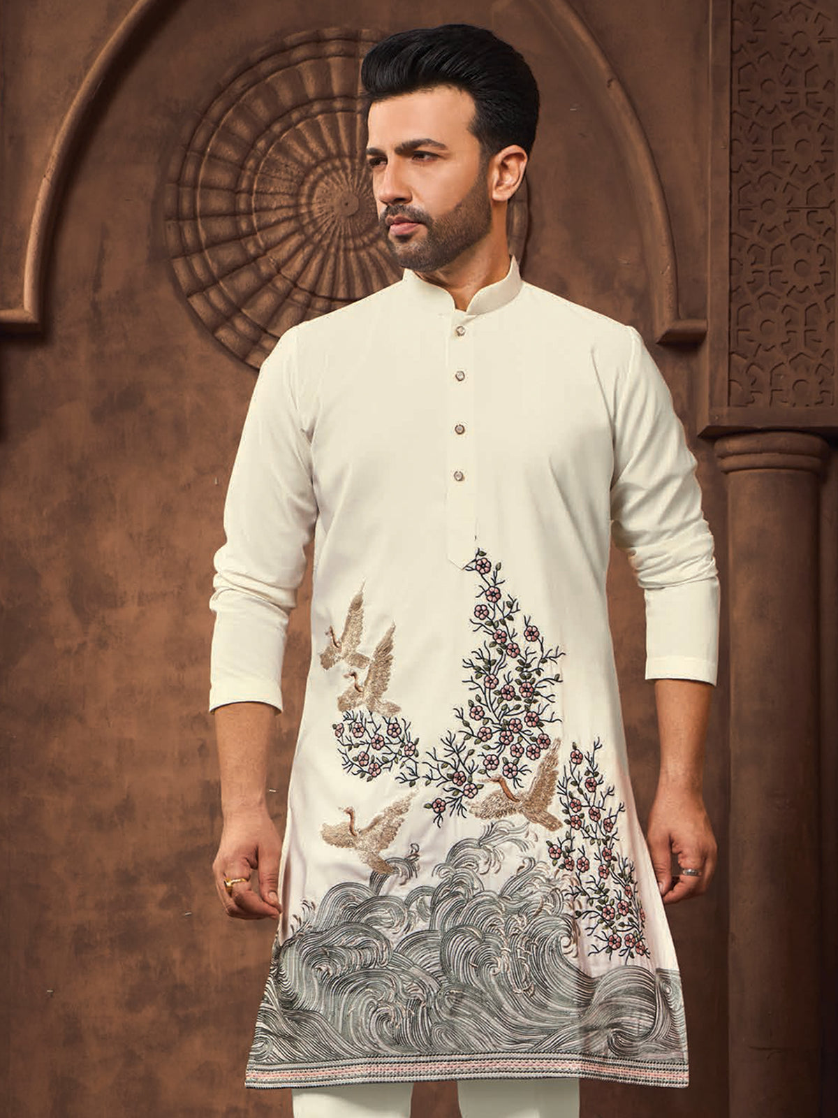 Ivory Floral Embroidered Kurta Trouser Set