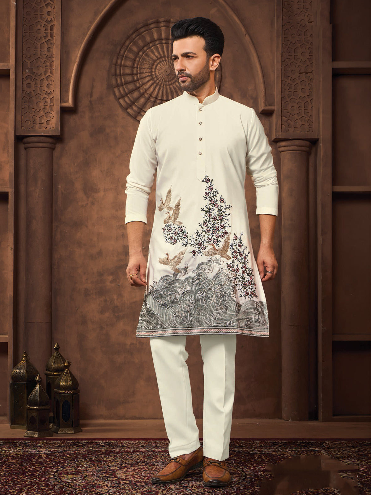 Ivory Floral Embroidered Kurta Trouser Set